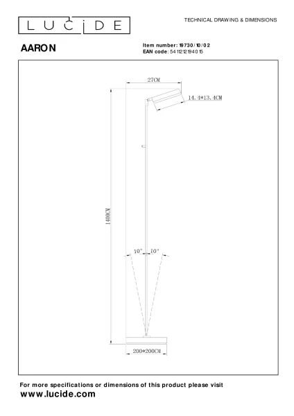 Lucide AARON - Lampadaire / lampe de lecture - LED Dim. - CCT - 1x12W 2700K/4000K - Or Mat / Laiton - technique